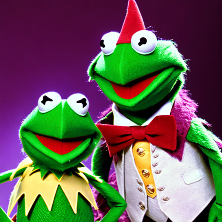 Two Kermit the Frog puppets in formal attire on purple backdrop