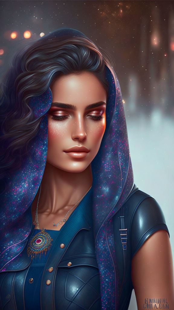 Digital Artwork: Woman with Cosmic Hood and Mystical Necklace