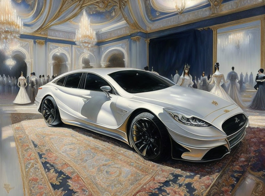 Luxurious White Sports Car in Opulent Ballroom with Elegant Guests