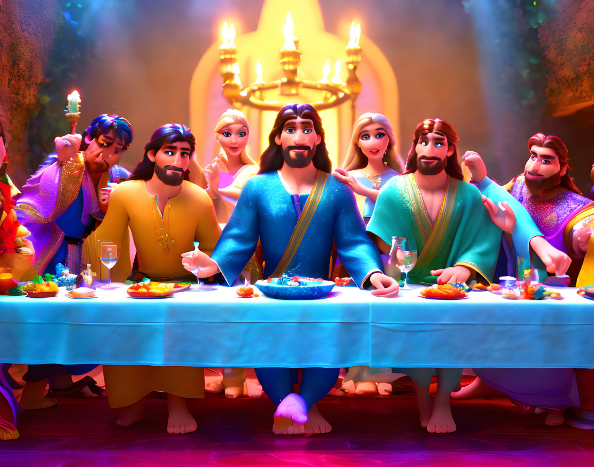 Animated characters in royal attire feasting with glowing candelabrum