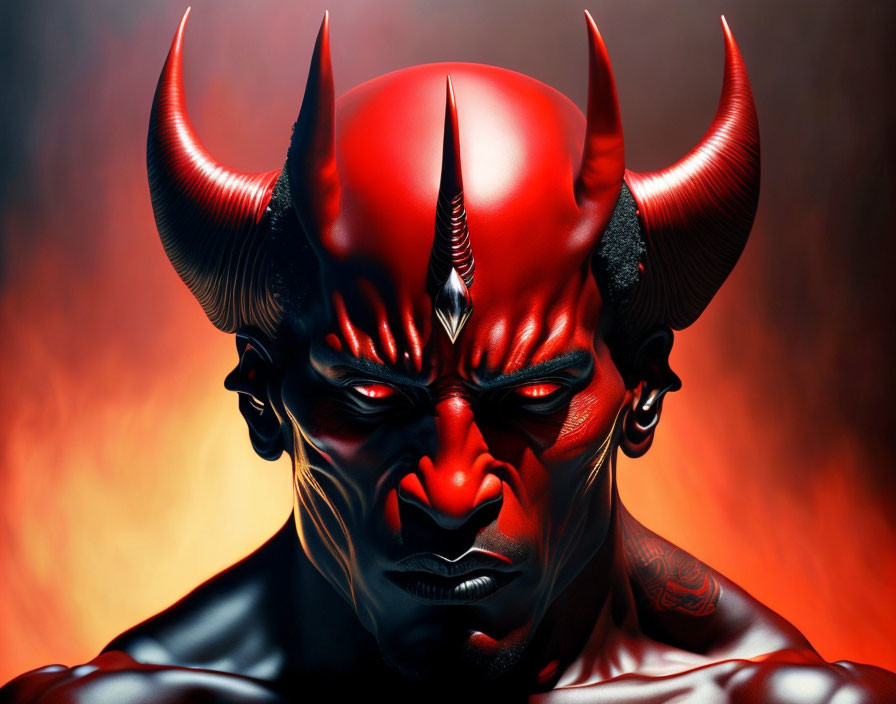 Digital artwork: Red demonic figure with sharp horns, glowing eyes, sinister expression, fiery background