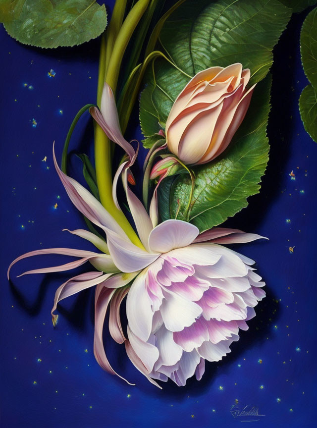 Surreal painting: Blooming flower bouquet with peony, lilac, and green leaves