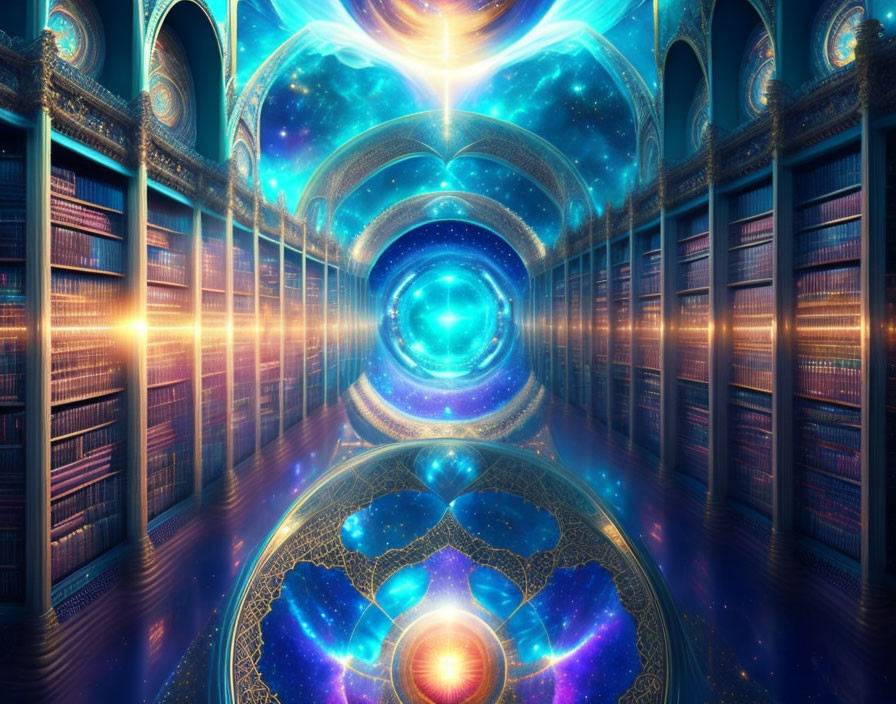 Fantastical library with cosmic portal and ornate patterns