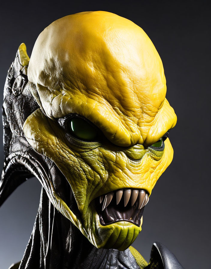 Menacing alien creature with yellow skin and sharp teeth