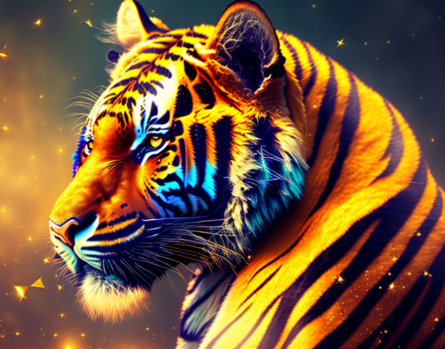 Colorful Tiger with Glowing Blue and Orange Stripes on Starry Golden Background