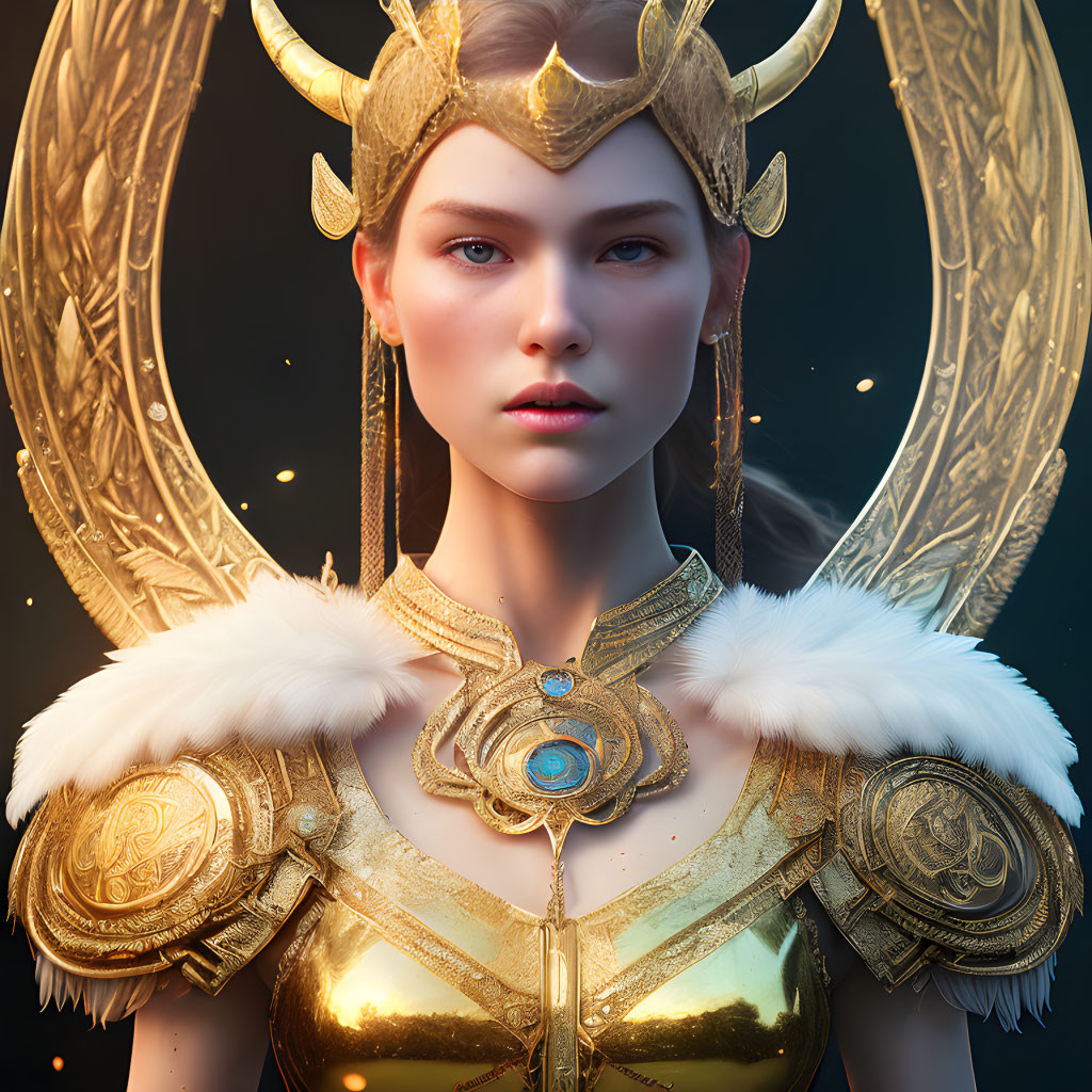 Digital Art: Female Figure in Golden Armor with Winged Headpiece