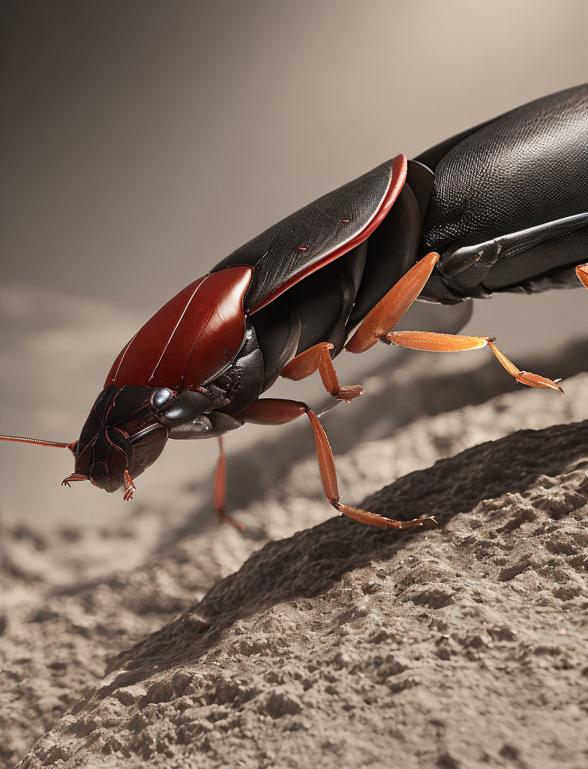 Realistic digital rendering of large black ground beetle on rocky surface