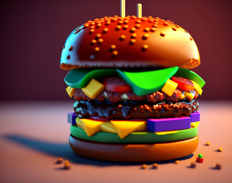 3D-rendered double cheeseburger with exaggerated toppings on warm backdrop