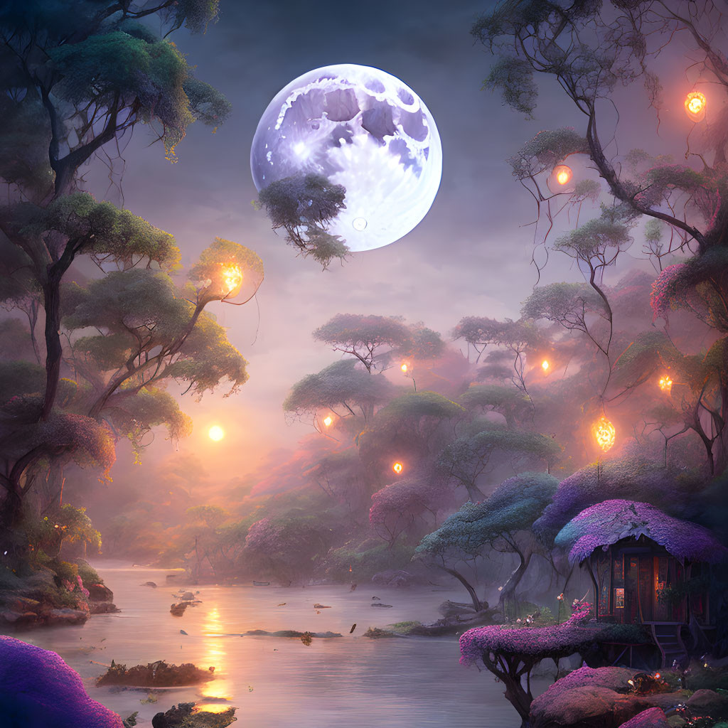 Fantasy landscape at dusk: large moon, luminous trees, tranquil river, glowing orbs, quaint