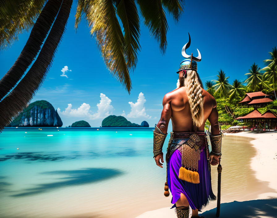 Warrior in helmet and spear on tropical beach with palm trees.