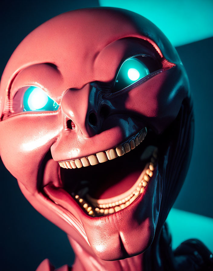 Stylized humanoid figure with red skin and glowing blue eyes