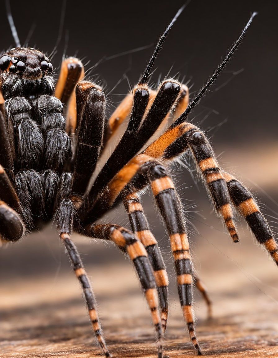 Striped-legged tarantula with hairy body in close-up view