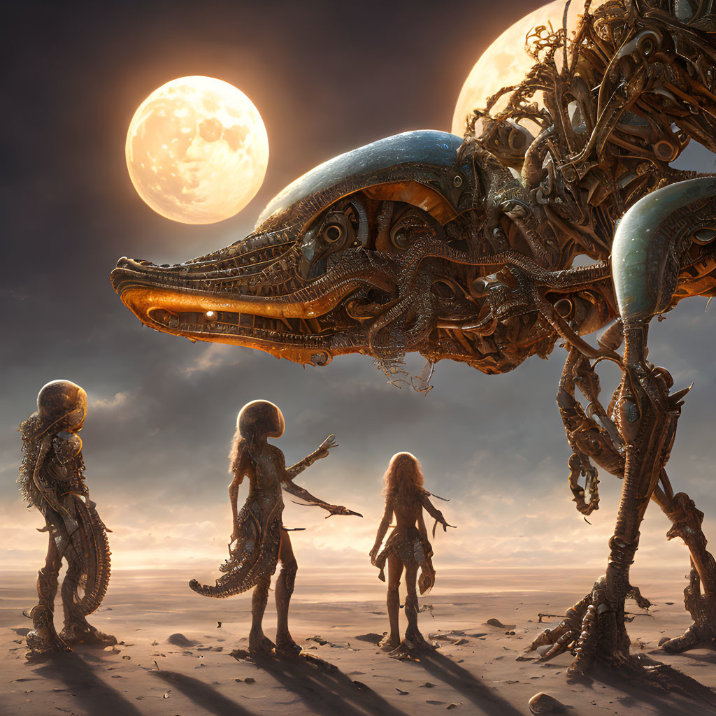 Interactions between humanoid figures and mechanical creature in dual-mooned desert landscape