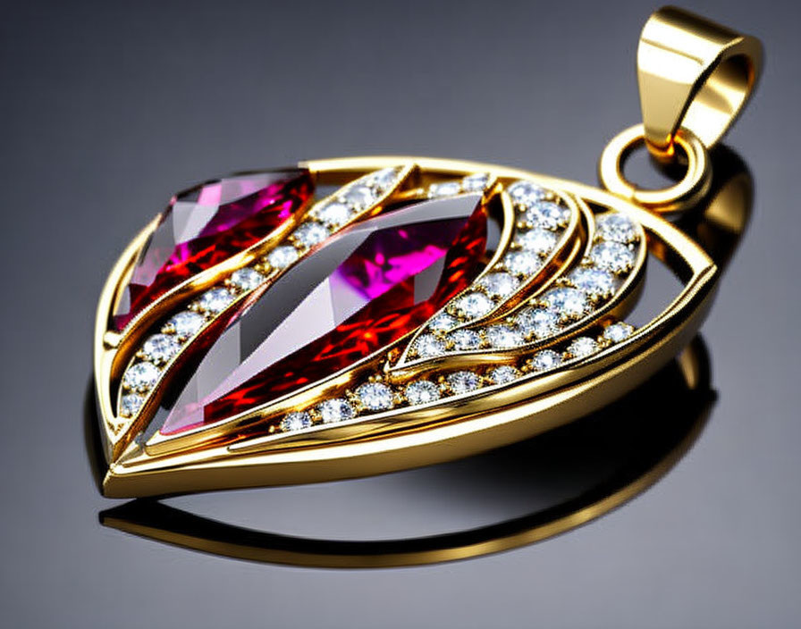 Gold Pendant with Pink Gemstones & Diamonds on Reflective Grey Surface