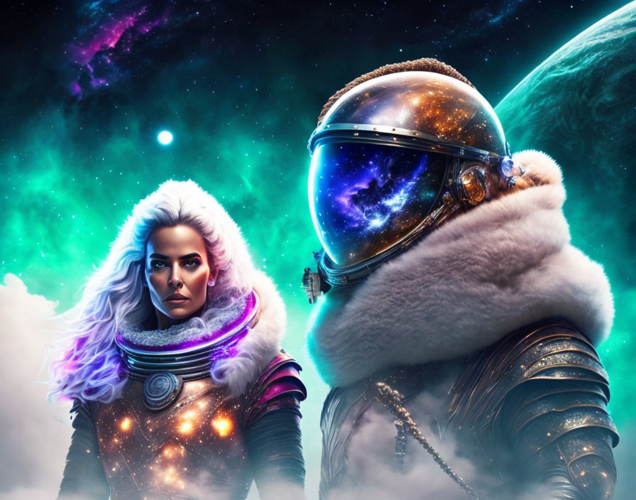 Female astronaut in fur-collared suit and figure in reflective helmet in vibrant sci-fi scene.