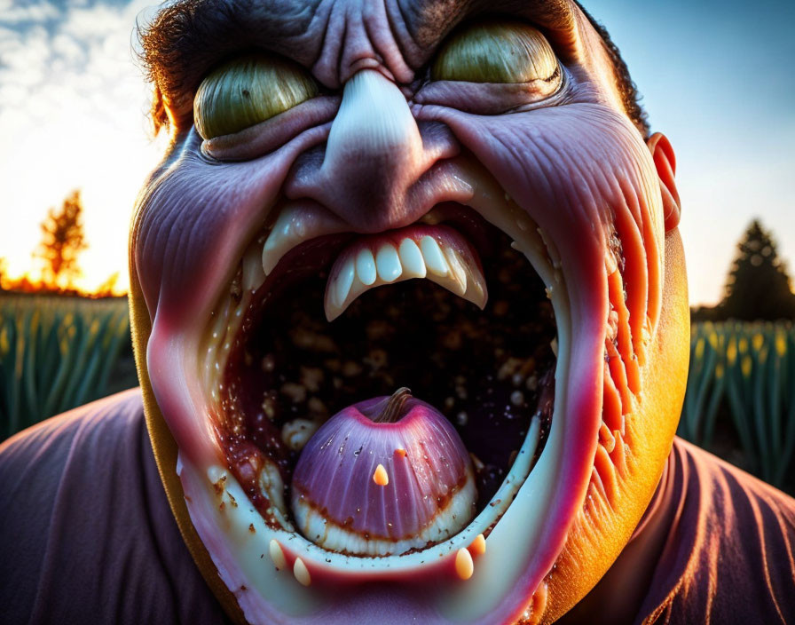 Exaggerated cartoonish close-up of a face with open mouth and bulging eyes at sunset