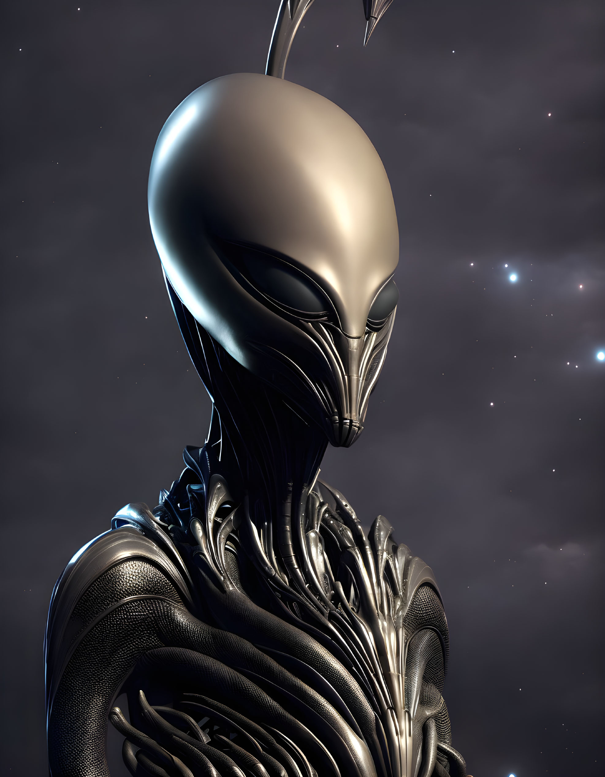 Metallic alien with sleek head and intricate armor in 3D render