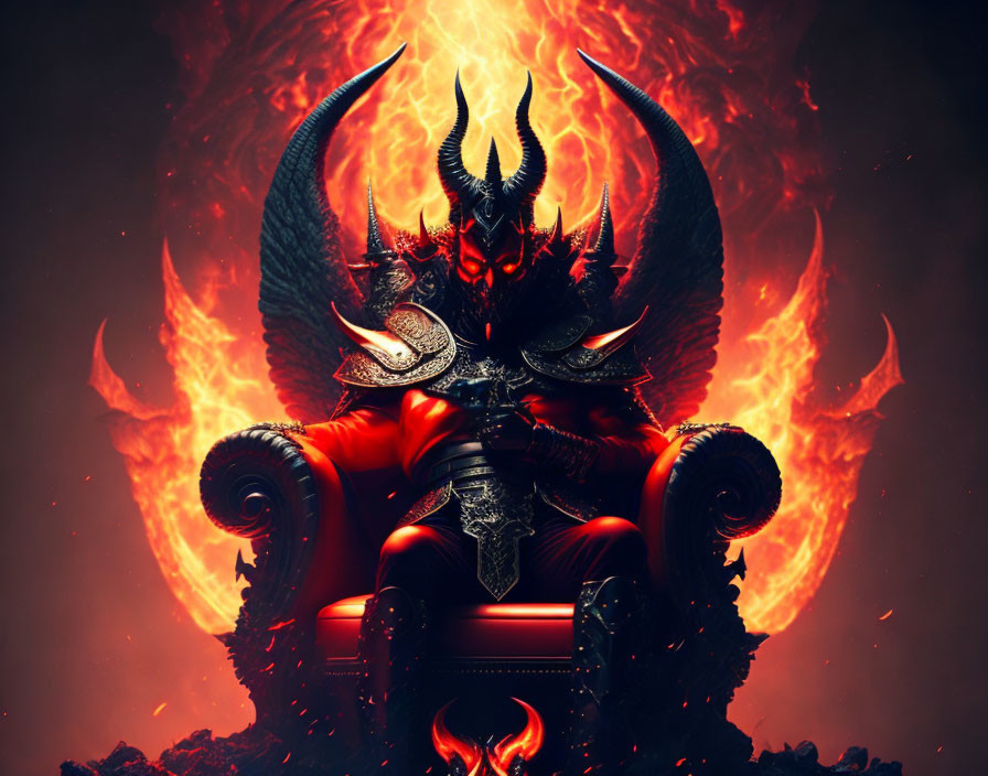 Fiery backdrop: Menacing figure with horns on throne