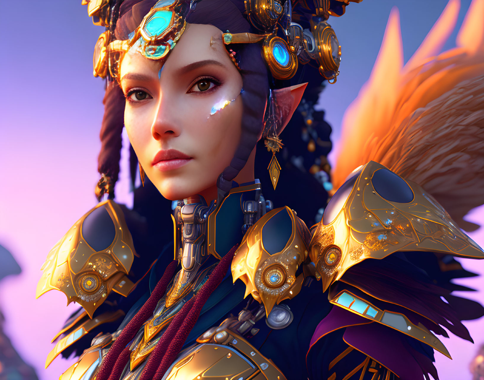 Female character in golden armor with feathered shoulders in digital art