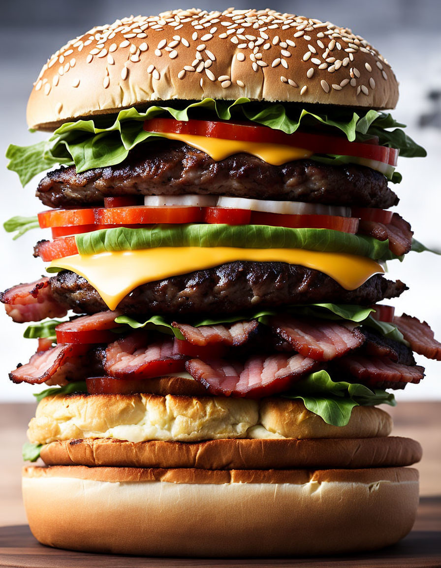 Giant multi-layered burger with beef, cheese, bacon, lettuce, and condiments