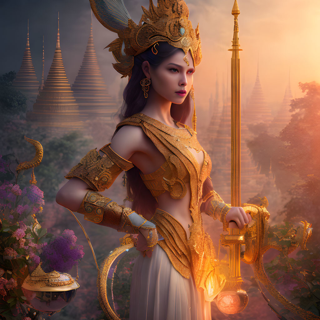 Woman in Golden Armor with Sword in Mystical Temple Setting