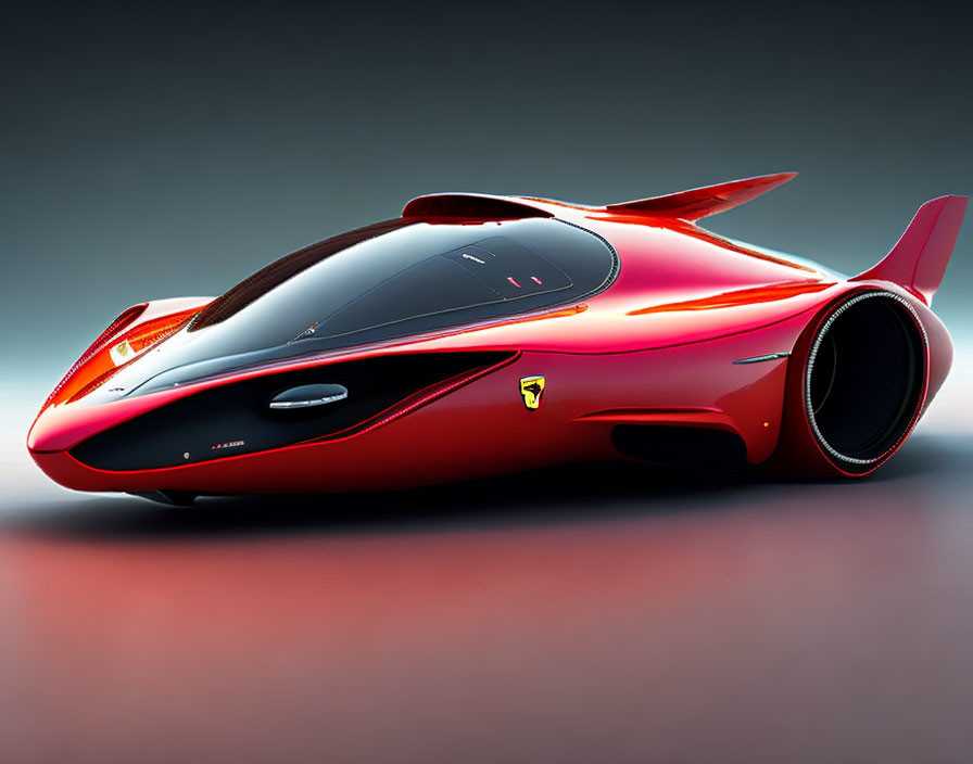 Red Futuristic Car with Aerodynamic Design and Prominent Emblem