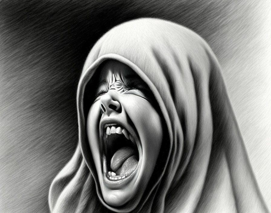 Monochrome illustration of child crying in blanket