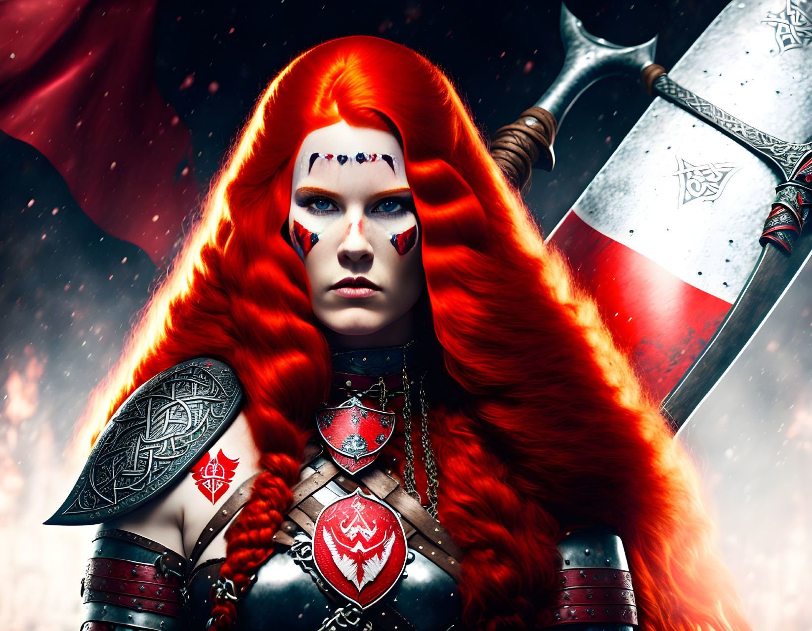 Red-haired warrior in red cloak with shield and war paint in snowy scene