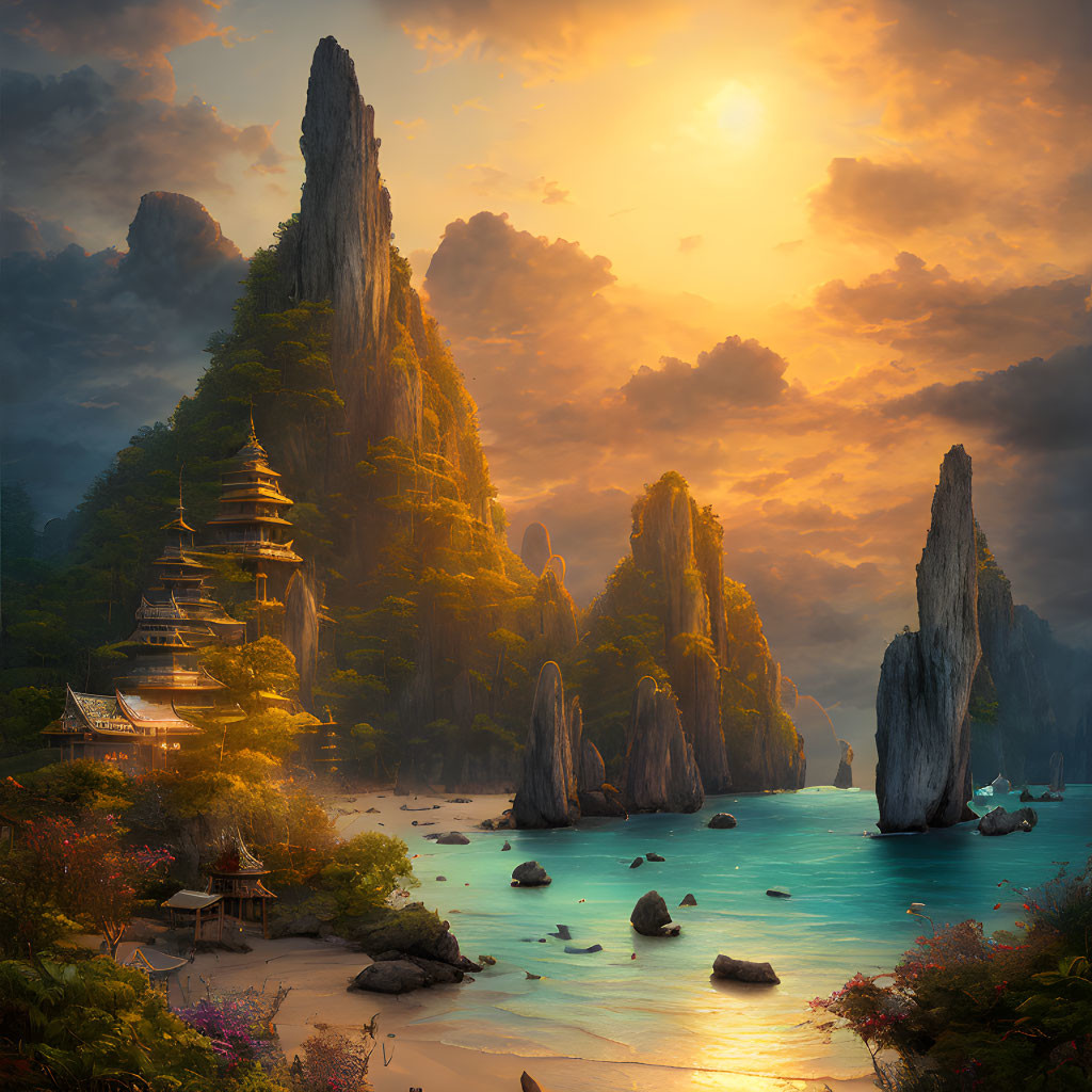 Tranquil sunset scene: pagoda, towering cliffs, serene sea