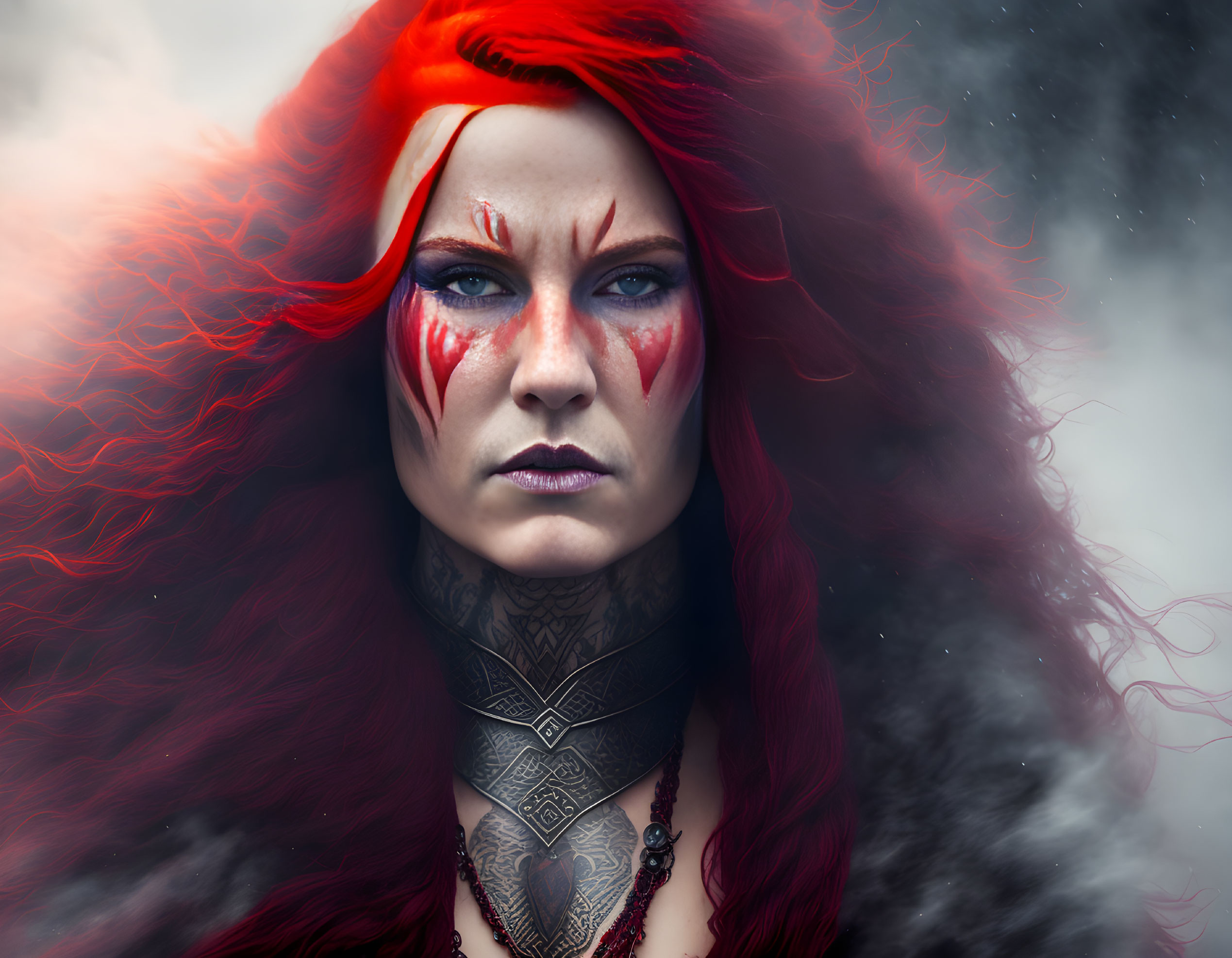 Striking Red-haired Woman with Tribal Face Paint and Blue Eyes