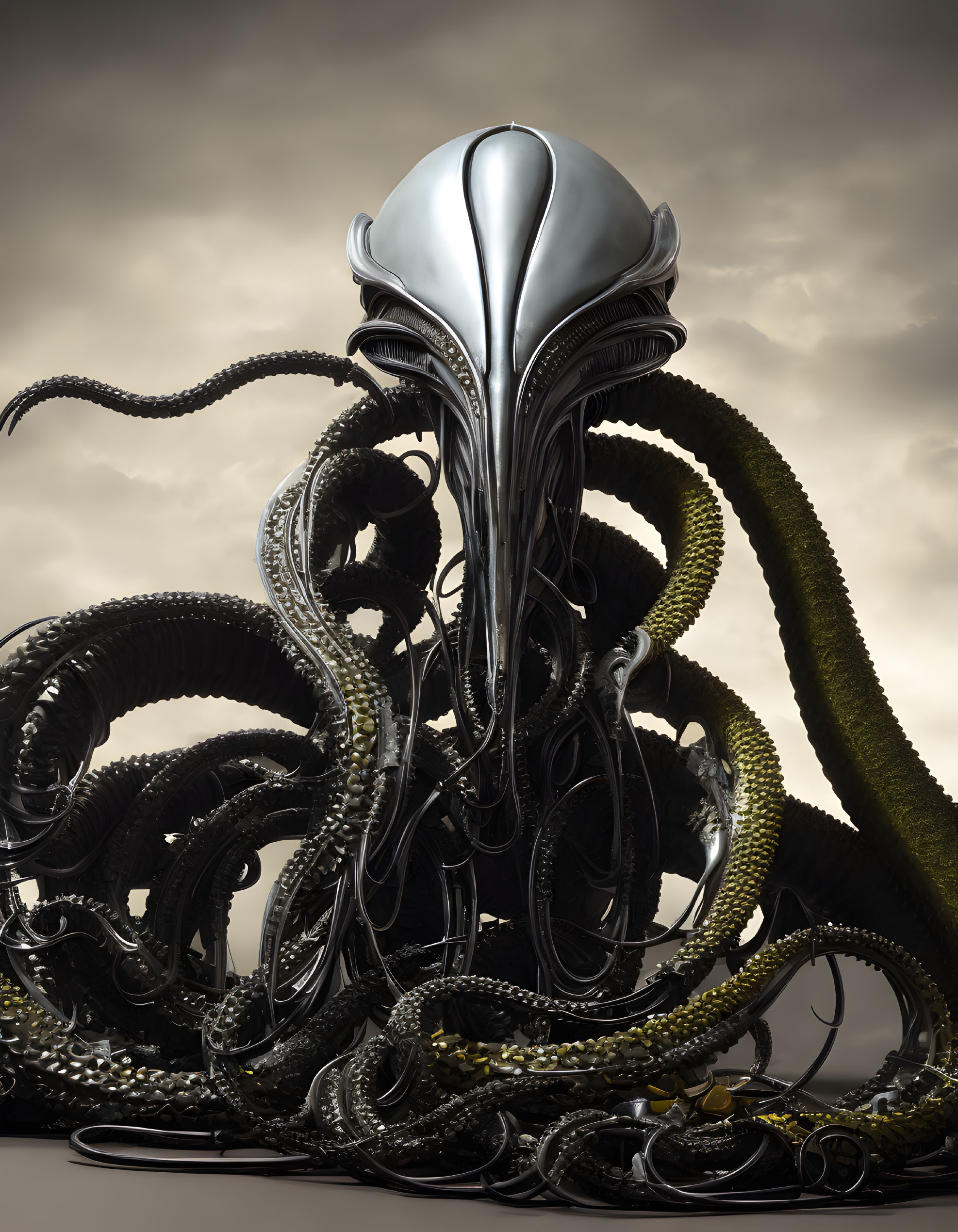 Metallic alien creature with smooth head and tentacles on grey backdrop