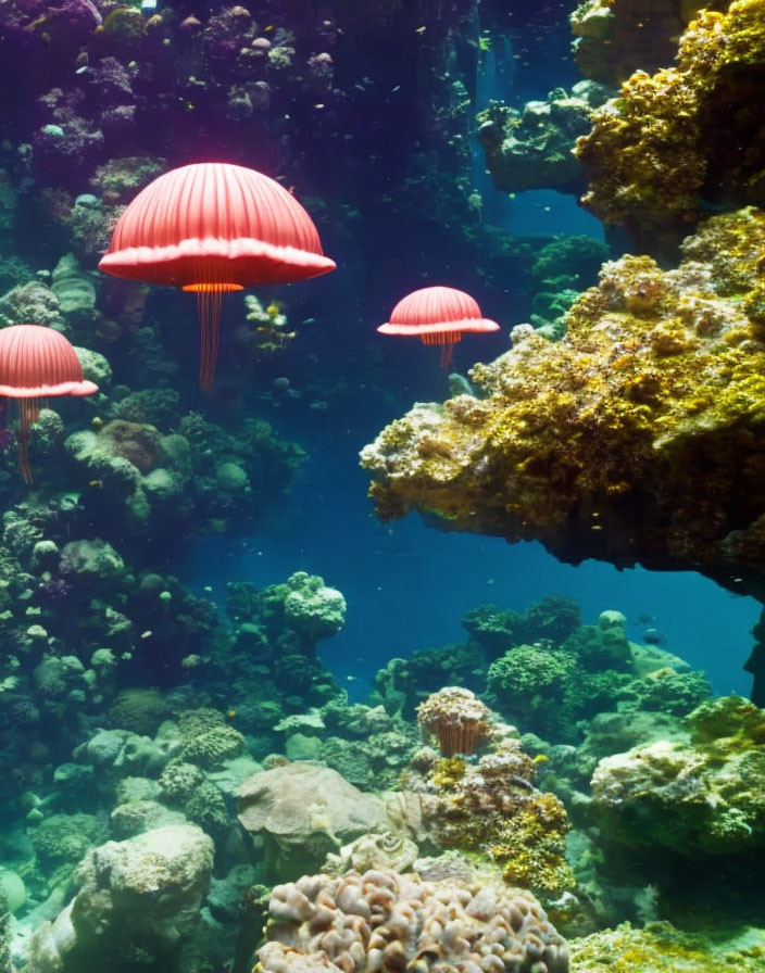 Colorful Pink Jellyfish Near Coral Reef Under Sunlight