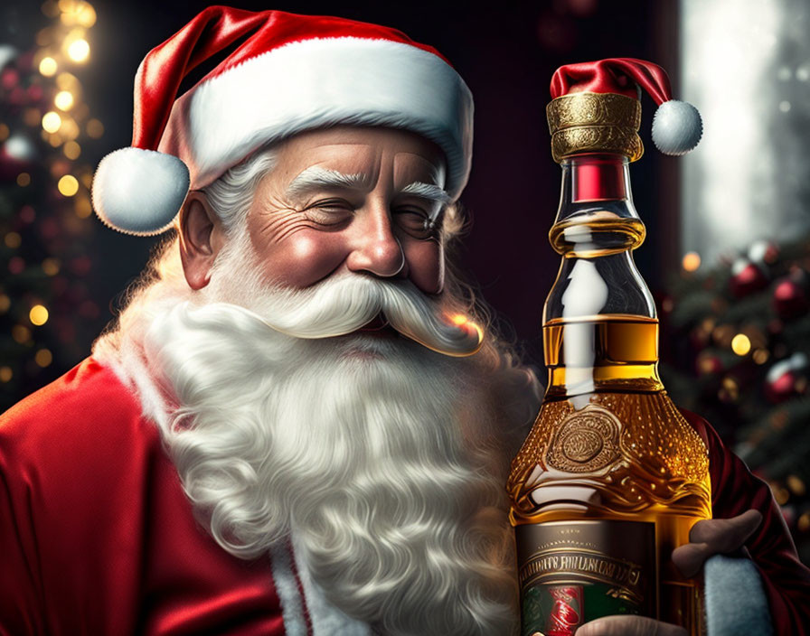 Santa Claus with whiskey bottle in festive setting