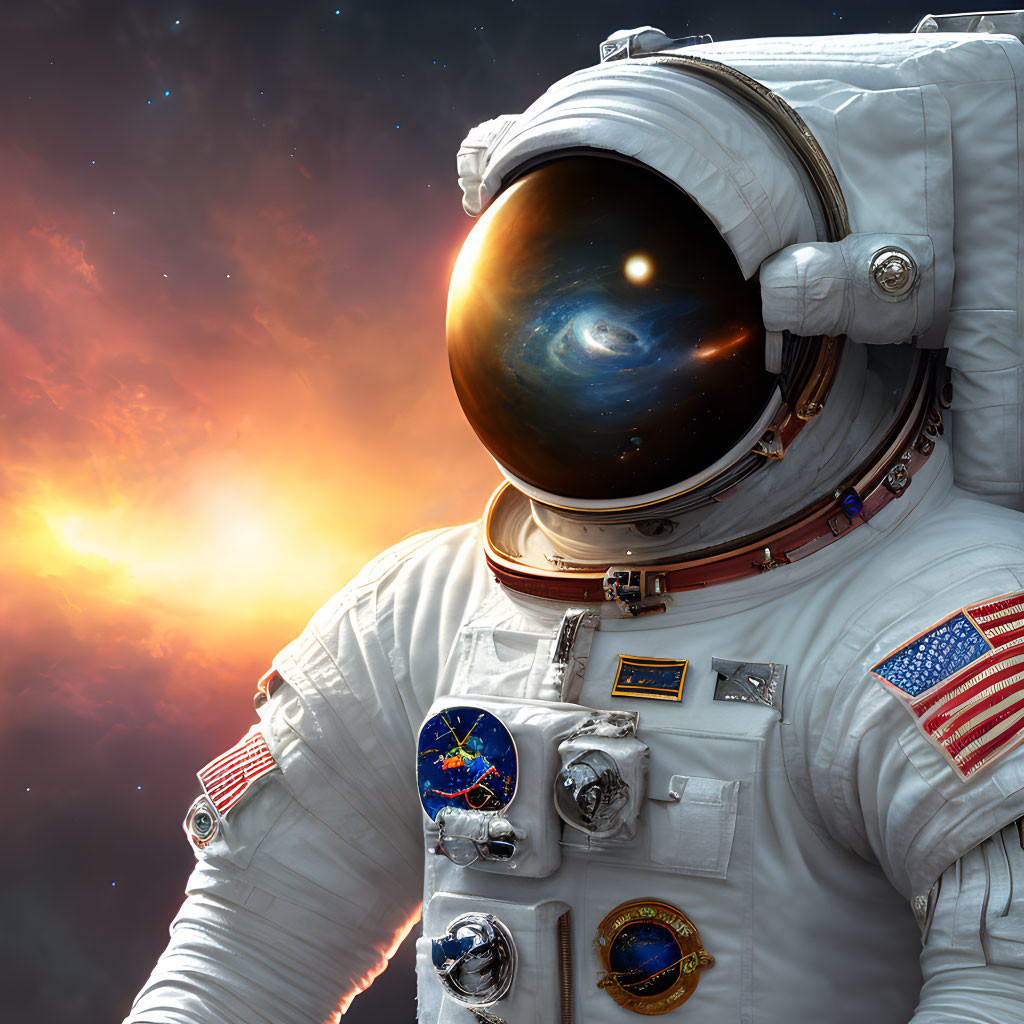 Astronaut in white suit with reflective visor against galaxy backdrop