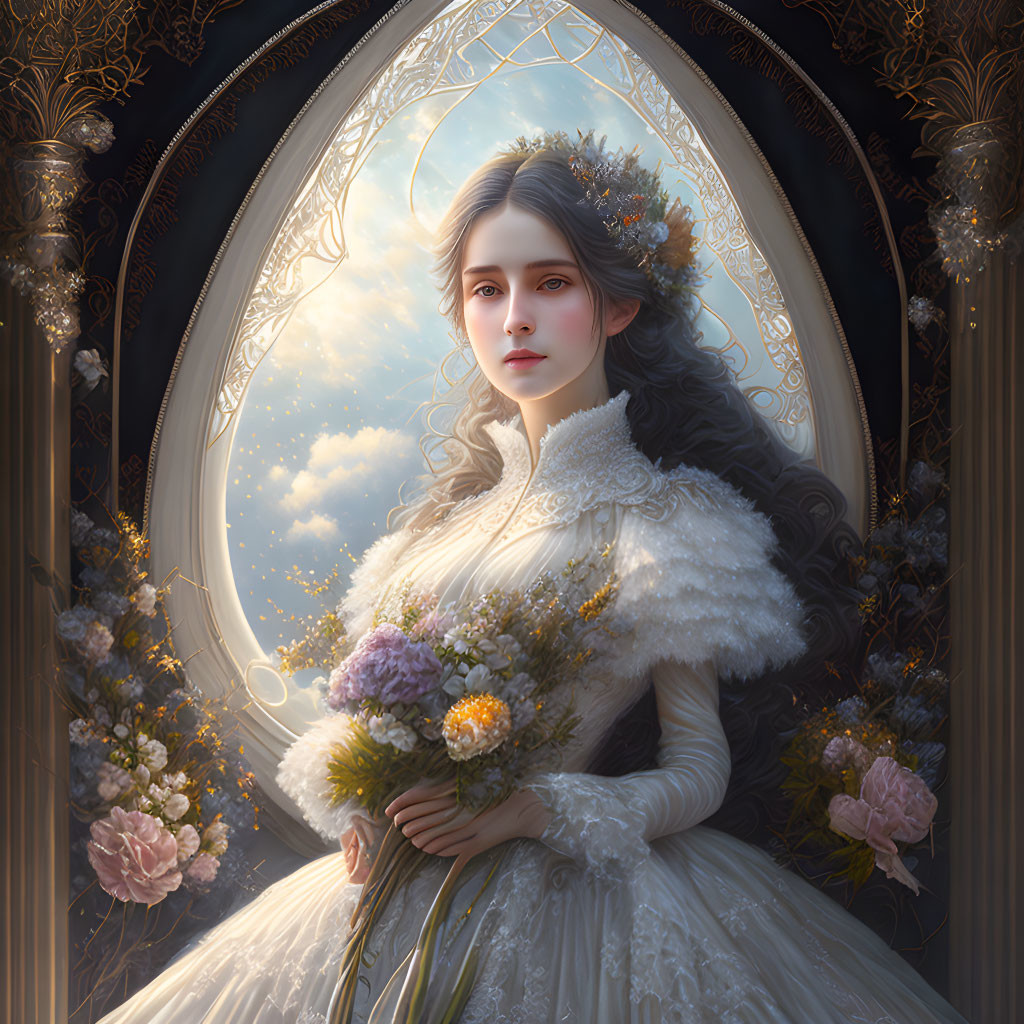 Ethereal woman portrait with flowers framed by ornate window