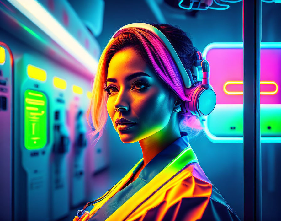 Contemplative woman in vibrant neon lighting with headphones