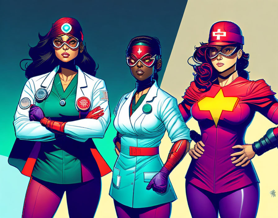 Medical-themed superheroines in stylized costumes