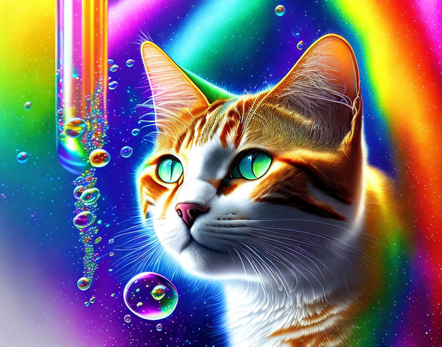 Colorful Cat Illustration with Green Eyes on Rainbow Background