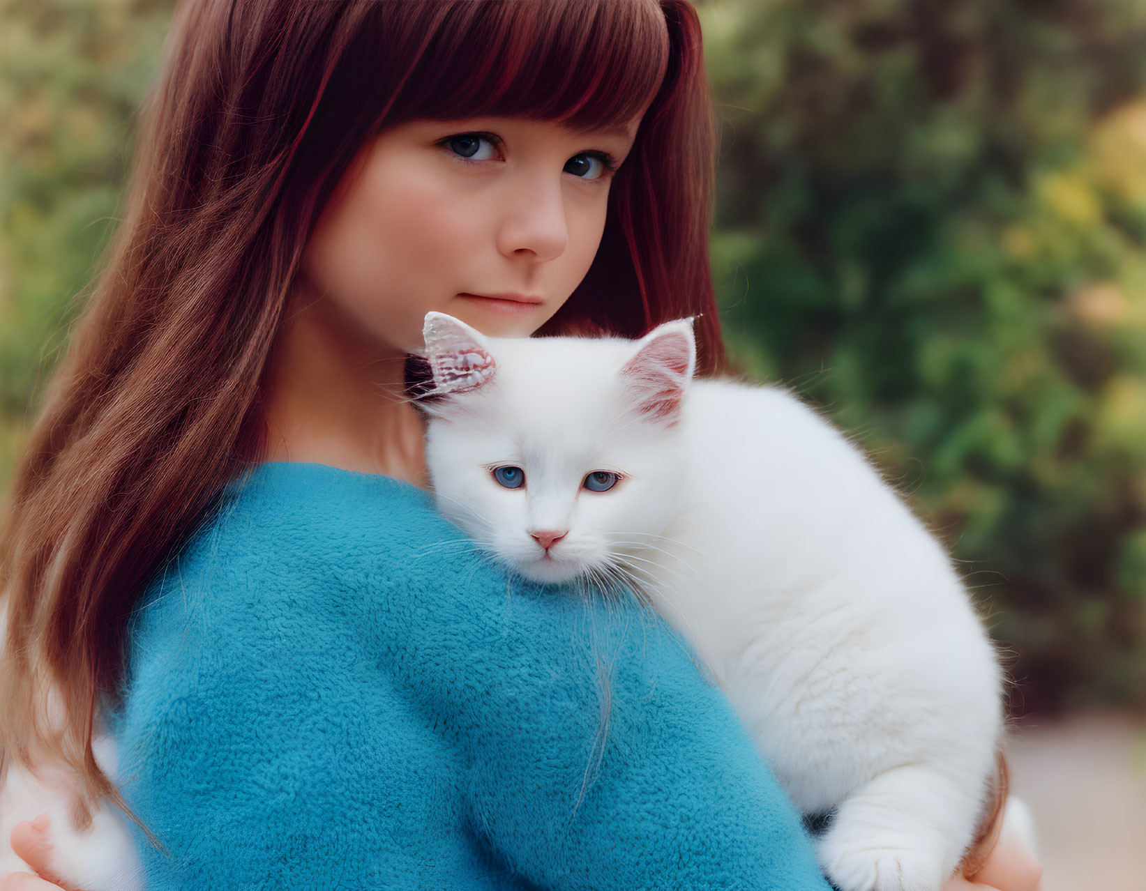 Young girl holding white kitten with blue eyes outdoors