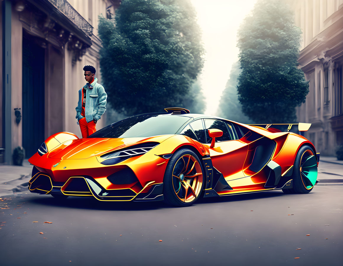 Person beside vibrant orange sports car on misty street