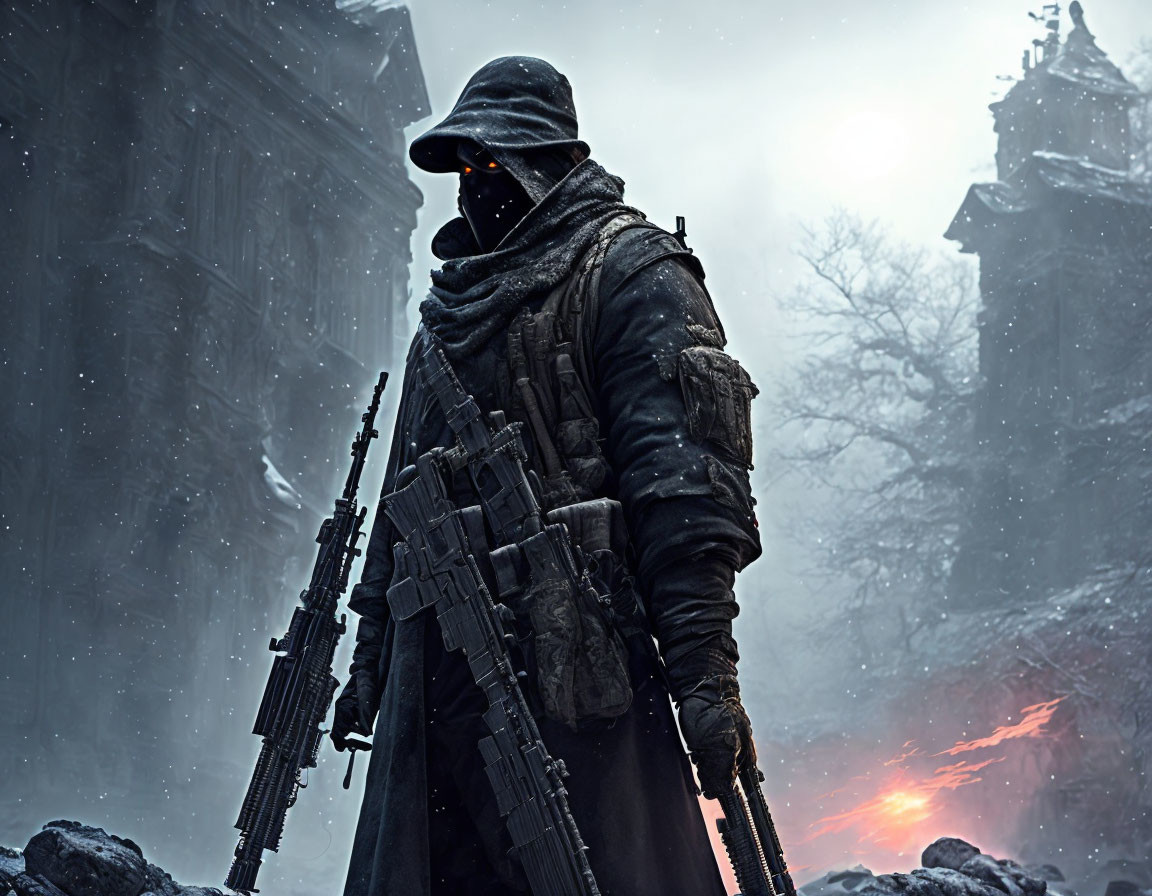 Mysterious cloaked figure in snowy landscape with glowing eyes and weapons