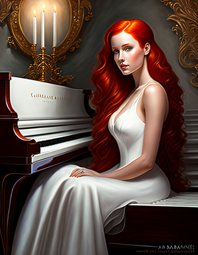 Red-haired woman in white dress at piano in classic room