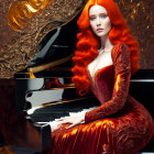 Red-haired woman in white dress at piano in classic room