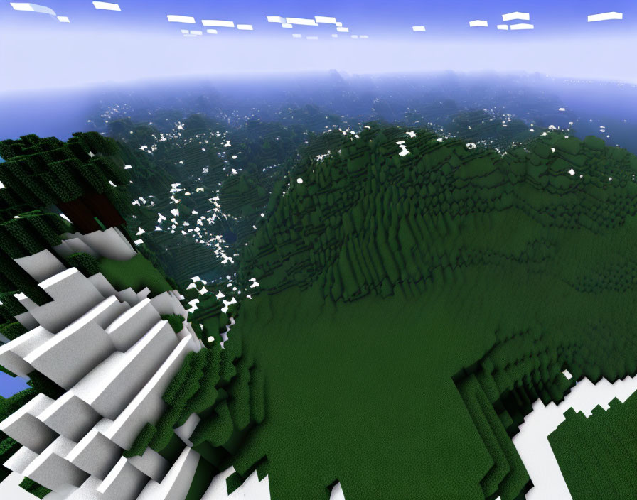 Colorful Minecraft landscape with green terrain, trees, snow blocks, and vast sky