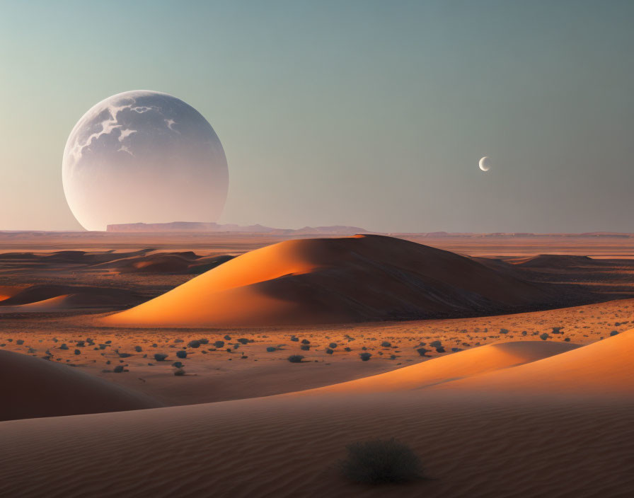 Desert landscape with rolling dunes and moons at twilight