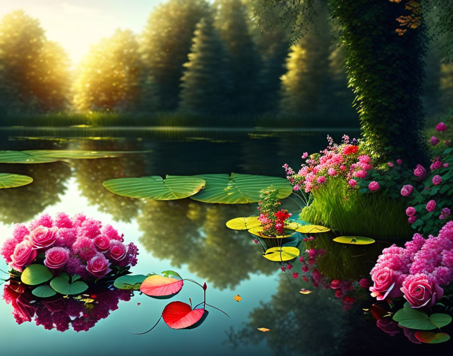 Tranquil lake scene with pink flowers and green lily pads
