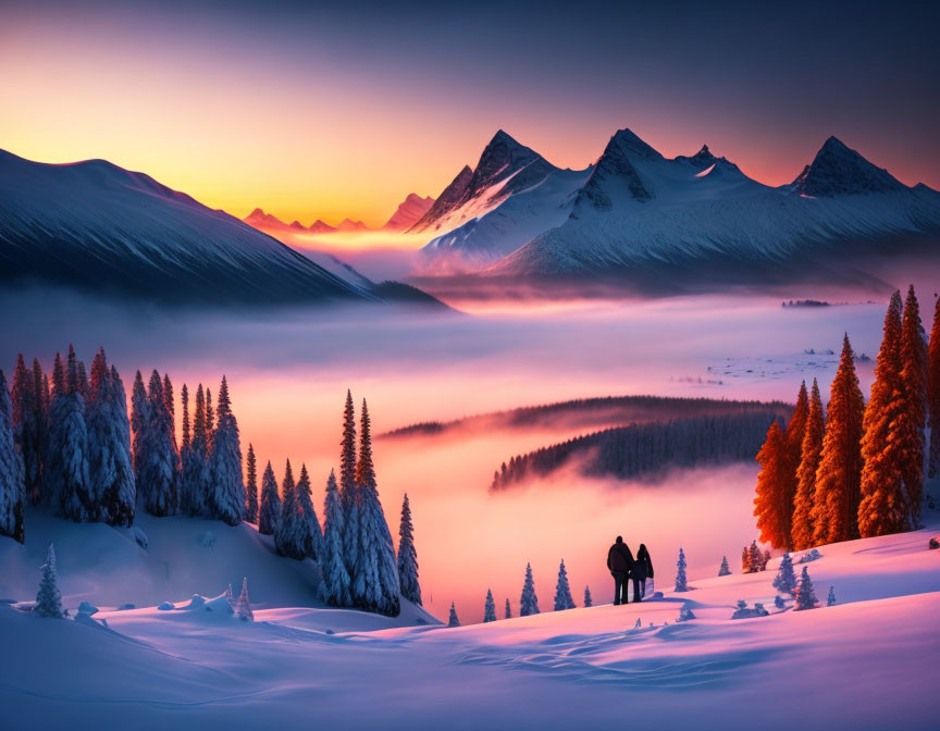 Snow-covered trees, silhouetted figures, mountains, and sunrise in tranquil winter scene