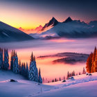 Snow-covered trees, silhouetted figures, mountains, and sunrise in tranquil winter scene