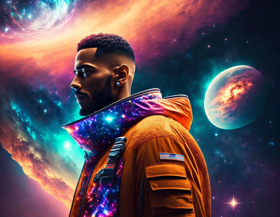 Futuristic man portrait with cosmic galaxy reflection in suit against vibrant space backdrop