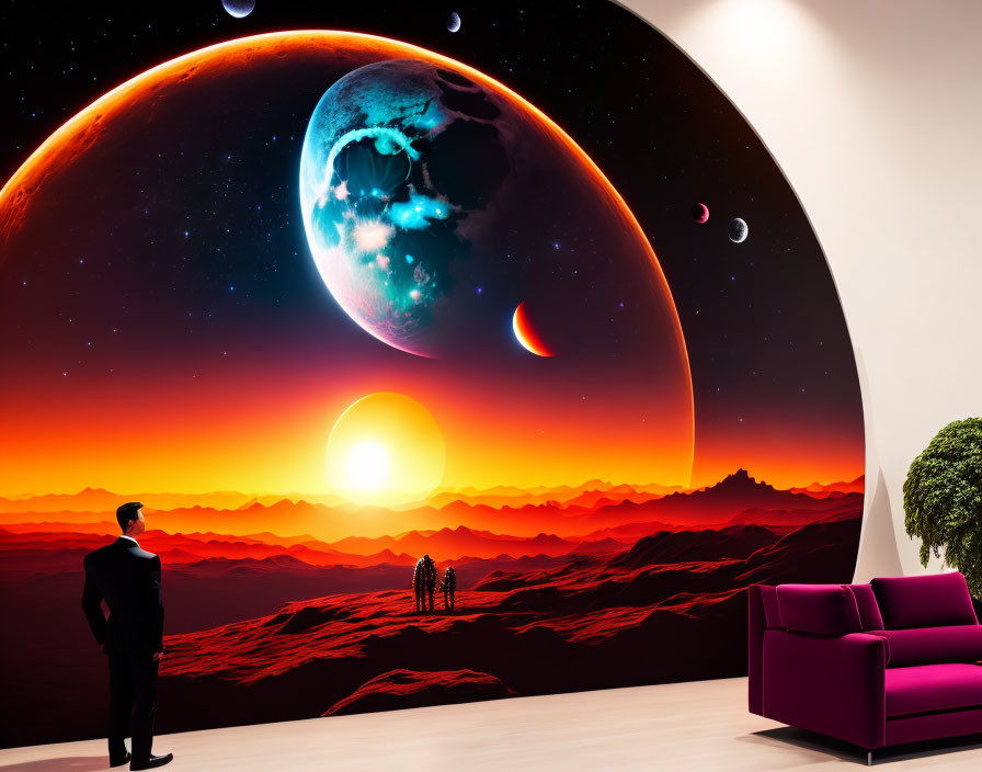 Room with surreal cosmic landscape wall mural: planets, red sky, silhouetted couple.